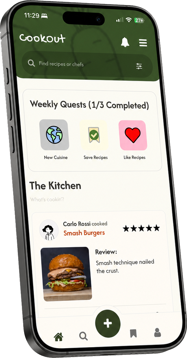 CookOut app on a phone, showing The Kitchen feed